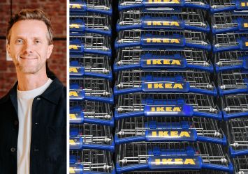 Inter IKEA Group CEO Jakub Jankowski and rows of shopping carts in an IKEA store.