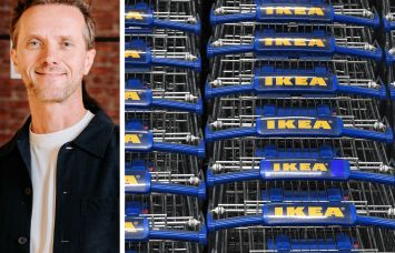 Inter IKEA Group CEO Jakub Jankowski and rows of shopping carts in an IKEA store.