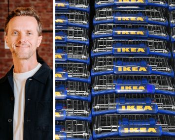 Inter IKEA Group CEO Jakub Jankowski and rows of shopping carts in an IKEA store.