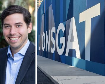 Peachtree Group's Jared Schlosser and a Lionsgate Studios mural.