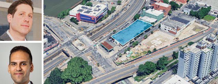 Ariel Property Advisors's Jason Gold (top), Victor Sozio (center), and Gabriel Elyaszadeh, and an aerial view of 261 Walton Avenue, The Bronx.