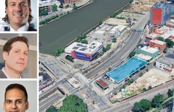Ariel Property Advisors's Jason Gold (top), Victor Sozio (center), and Gabriel Elyaszadeh, and an aerial view of 261 Walton Avenue, The Bronx.