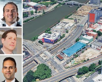 Ariel Property Advisors's Jason Gold (top), Victor Sozio (center), and Gabriel Elyaszadeh, and an aerial view of 261 Walton Avenue, The Bronx.