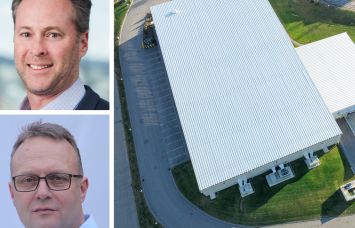 Jeffrey Reder of CenterSquare (top), James Bury of ESAS, and an aerial view of industrial warehouse.