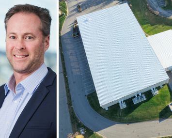 Jeffrey Reder of CenterSquare and an aerial view of industrial warehouse.