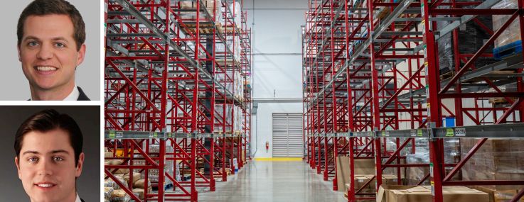 Cushman & Wakefield’s John Alascio (top), TJ Sullivan (center, and Mitch Rothstein, and the inside of a warehouse.