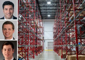 Cushman & Wakefield’s John Alascio (top), TJ Sullivan (center, and Mitch Rothstein, and the inside of a warehouse.