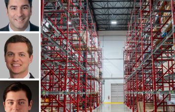 Cushman & Wakefield’s John Alascio (top), TJ Sullivan (center, and Mitch Rothstein, and the inside of a warehouse.