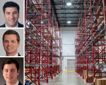 Cushman & Wakefield’s John Alascio (top), TJ Sullivan (center, and Mitch Rothstein, and the inside of a warehouse.
