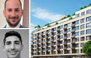 Maxim Capital Group's Josh Greene (top), Newmark's Max Ralby, and a rendering of 11-33 44th Drive, Queens.