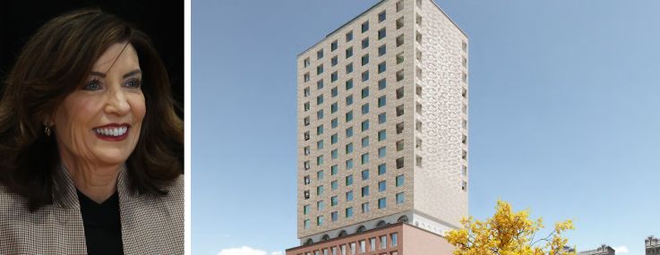 Gov. Kathy Hochul and a rendering of the Seneca at 31-33 West 110th Street.