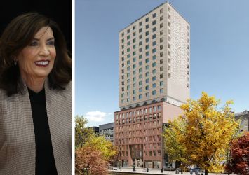 Gov. Kathy Hochul and a rendering of the Seneca at 31-33 West 110th Street.