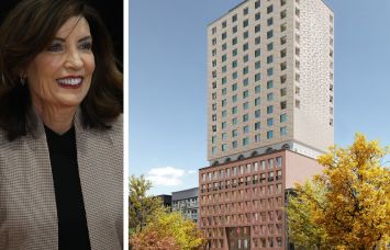 Gov. Kathy Hochul and a rendering of the Seneca at 31-33 West 110th Street.