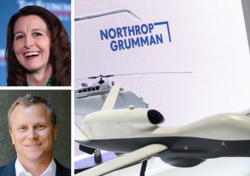 Northrop Grumman CEO Kathy Warden (top), Drawbridge Realty CEO Charlie McEachron, and a Northrop Grumman display at an industry exhibition.