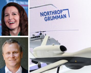 Northrop Grumman CEO Kathy Warden (top), Drawbridge Realty CEO Charlie McEachron, and a Northrop Grumman display at an industry exhibition.