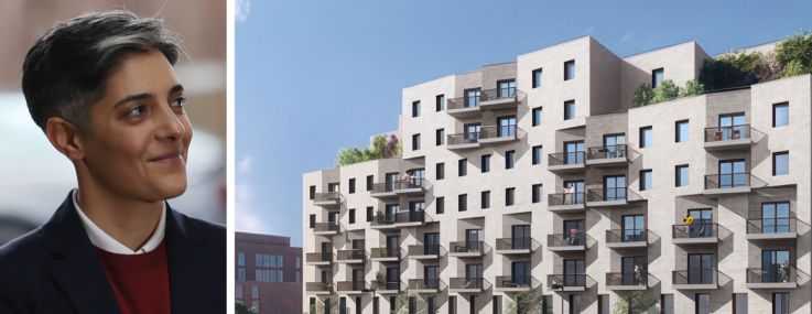 Leila Bozorg, deputy mayor for housing and planning, and a rendering of 351 Powers Avenue, the Bronx.