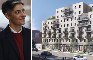 Leila Bozorg, deputy mayor for housing and planning, and a rendering of 351 Powers Avenue, the Bronx.