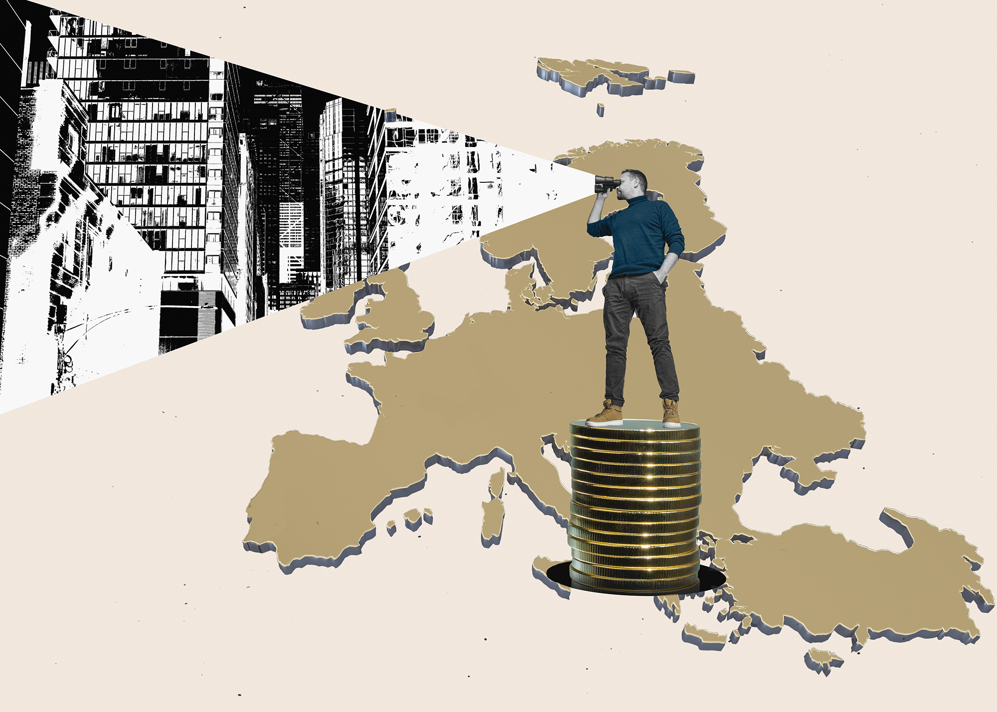 An illustration of a man standing on a stack of coins on top a map of Europe, looking through binoculars.