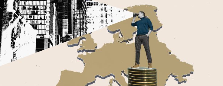 An illustration of a man standing on a stack of coins on top a map of Europe, looking through binoculars.