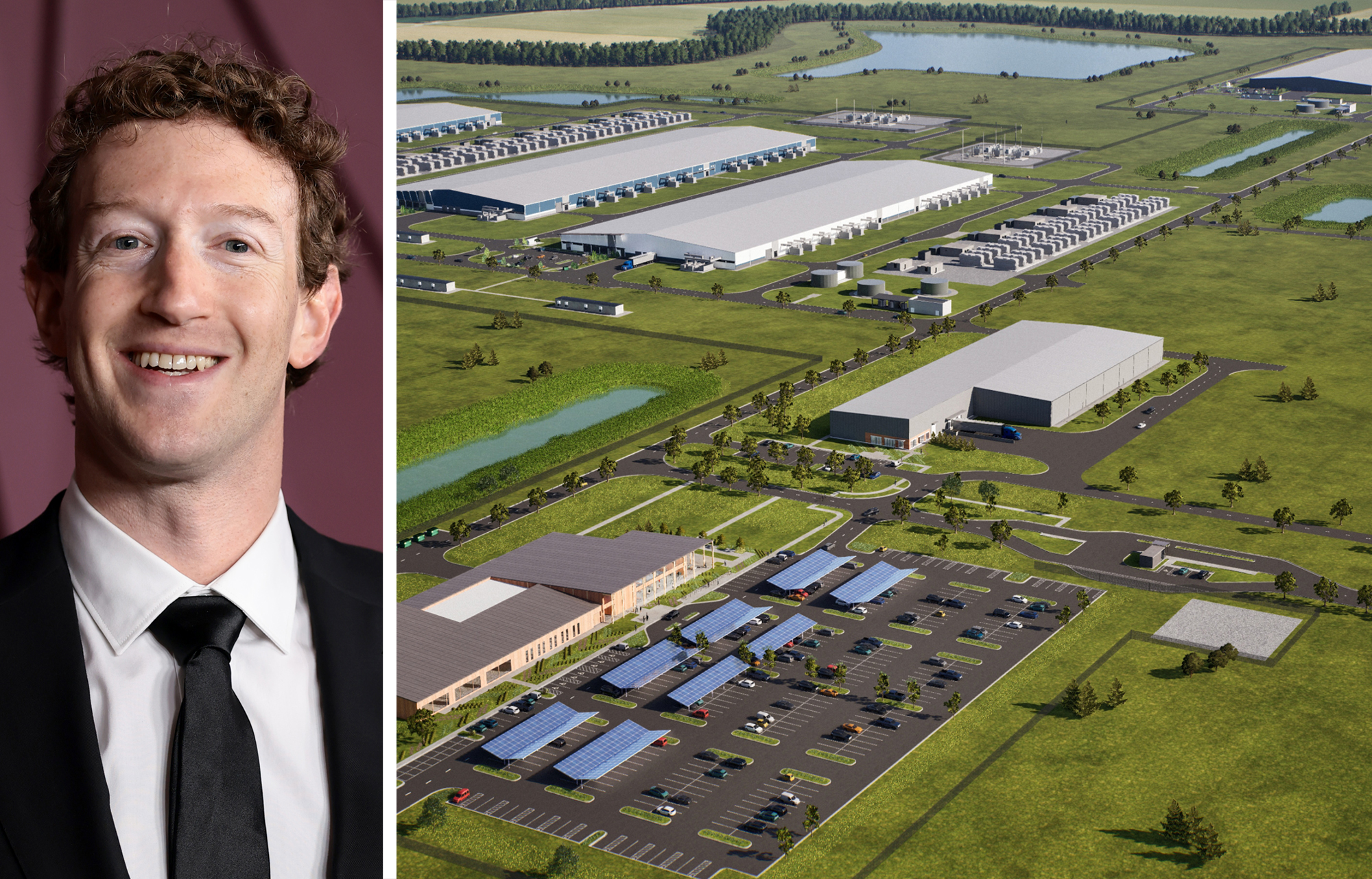 Meta CEO Mark Zuckerberg and a rendering of Meta's planned data center in Lebanon, Ind.
