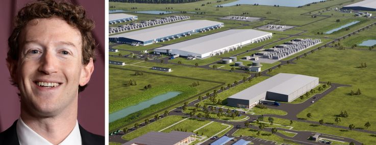 Meta CEO Mark Zuckerberg and a rendering of Meta's planned data center in Lebanon, Ind.