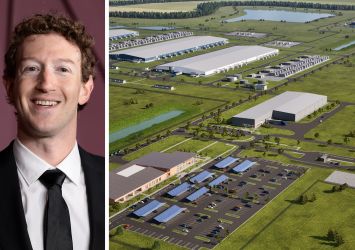 Meta CEO Mark Zuckerberg and a rendering of Meta's planned data center in Lebanon, Ind.