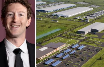 Meta CEO Mark Zuckerberg and a rendering of Meta's planned data center in Lebanon, Ind.