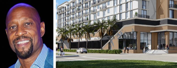 Housing Trust Group's Matthew Rieger (top), AM Affordable Housing's Alonzo Mourning, and a rendering of Villa Jordana planned for Hollywood, Fla.