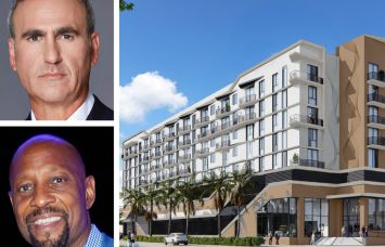 Housing Trust Group's Matthew Rieger (top), AM Affordable Housing's Alonzo Mourning, and a rendering of Villa Jordana planned for Hollywood, Fla.