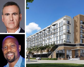 Housing Trust Group's Matthew Rieger (top), AM Affordable Housing's Alonzo Mourning, and a rendering of Villa Jordana planned for Hollywood, Fla.