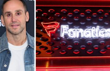 Fanatics CEO Michael Rubin and a sign at the 2022 Fanatics Super Bowl Party.