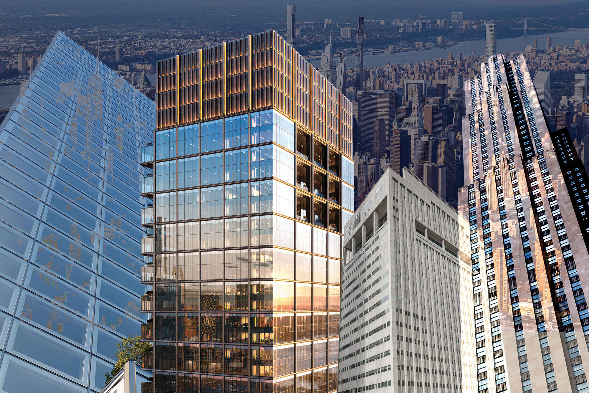 From left: 660 Fifth Avenue, a rendering of 70 Hudson Yards, 120 Park Avenue, and 30 Rockefeller Plaza.