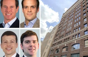 CBRE's Paul Amrich (clockwise from top left), Neil King, Patrick Moroney, and Evan Fiddle, and 218 West 18th Street.