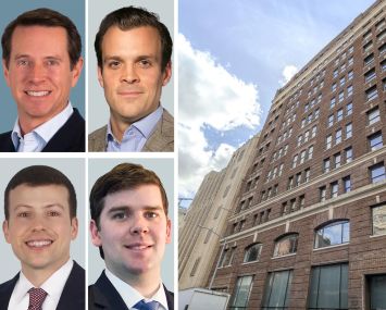 CBRE's Paul Amrich (clockwise from top left), Neil King, Patrick Moroney, and Evan Fiddle, and 218 West 18th Street.