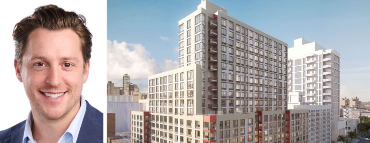 KKR's Adam Simon and a rendering of 41-42 24th Street, Queens.