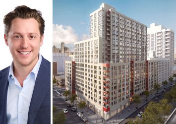 KKR's Adam Simon and a rendering of 41-42 24th Street, Queens.