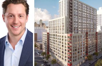 KKR's Adam Simon and a rendering of 41-42 24th Street, Queens.