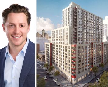 KKR's Adam Simon and a rendering of 41-42 24th Street, Queens.