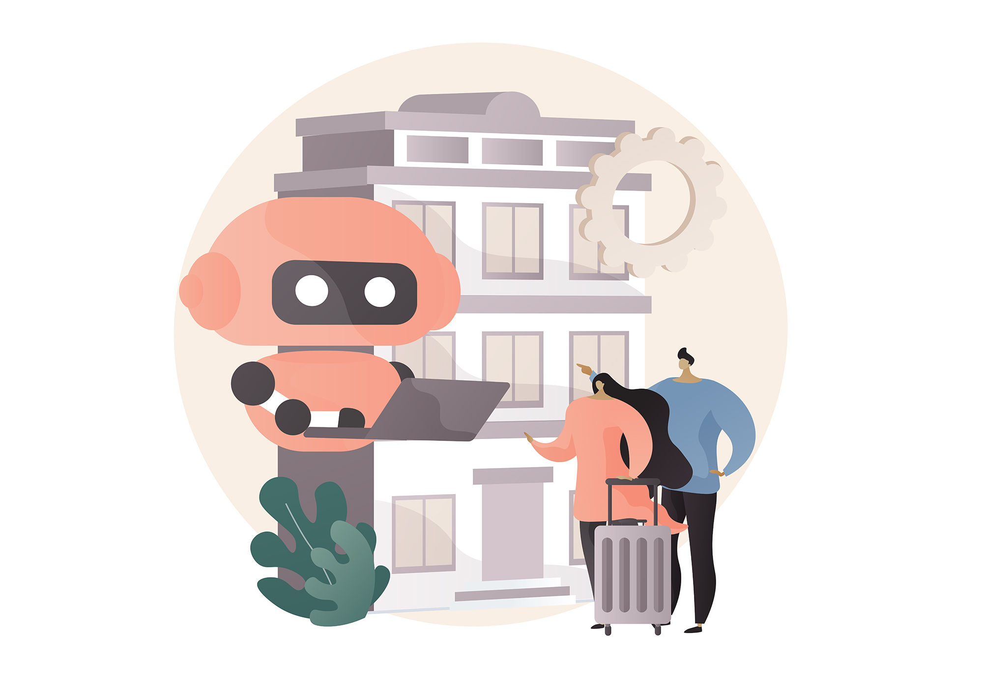 An illustration of a robot concierge at a residential building.