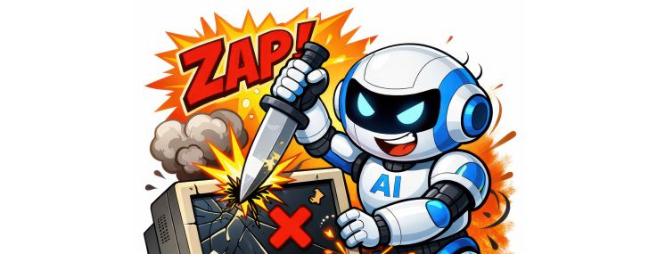 An illustration of a robot stabbing a computer.