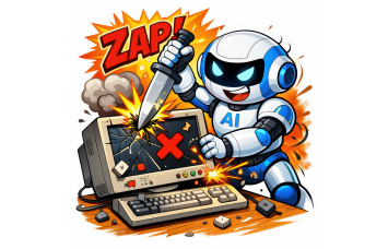 An illustration of a robot stabbing a computer.