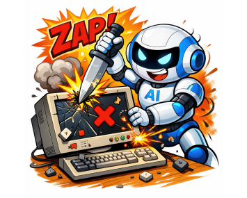 An illustration of a robot stabbing a computer.