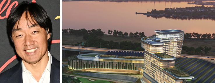 Bally's Chair Soo Kim and a rendering of the planned Bally's Bronx Casino in The Bronx.