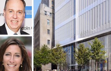 American Express CEO Stephen Squeri (top), Silverstein Properties's Lisa Silverstein, and a rendering of 2 World Trade Center.