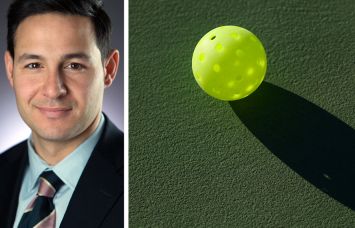 TF Cornerstone's Steve Gonzalez and a pickleball lying on a pickleball court.