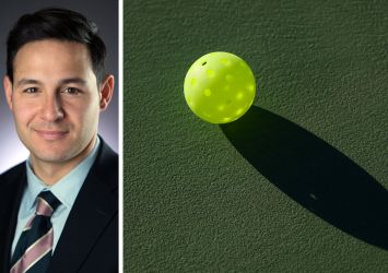 TF Cornerstone's Steve Gonzalez and a pickleball lying on a pickleball court.