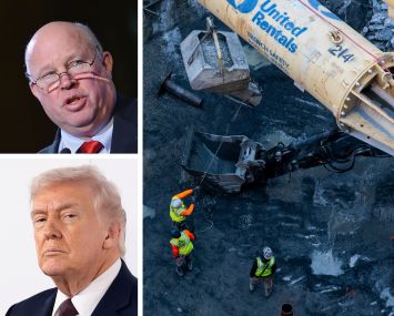 Gateway Development Commission CEO Tom Prendergast (top), President Donald Trump, and workers constructing the Gateway Tunnel.