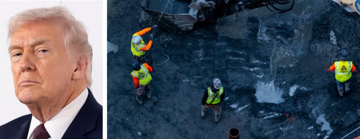 Gateway Development Commission CEO Tom Prendergast (top), President Donald Trump, and workers constructing the Gateway Tunnel.