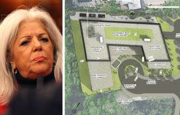 City Council Member Vickie Paladino and an illustrative site plan for 217-14 24th Avenue, Queens.