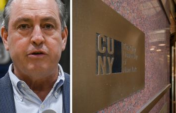 Staten Island Borough President Vito Fossella and the entrance to one of CUNY's colleges.